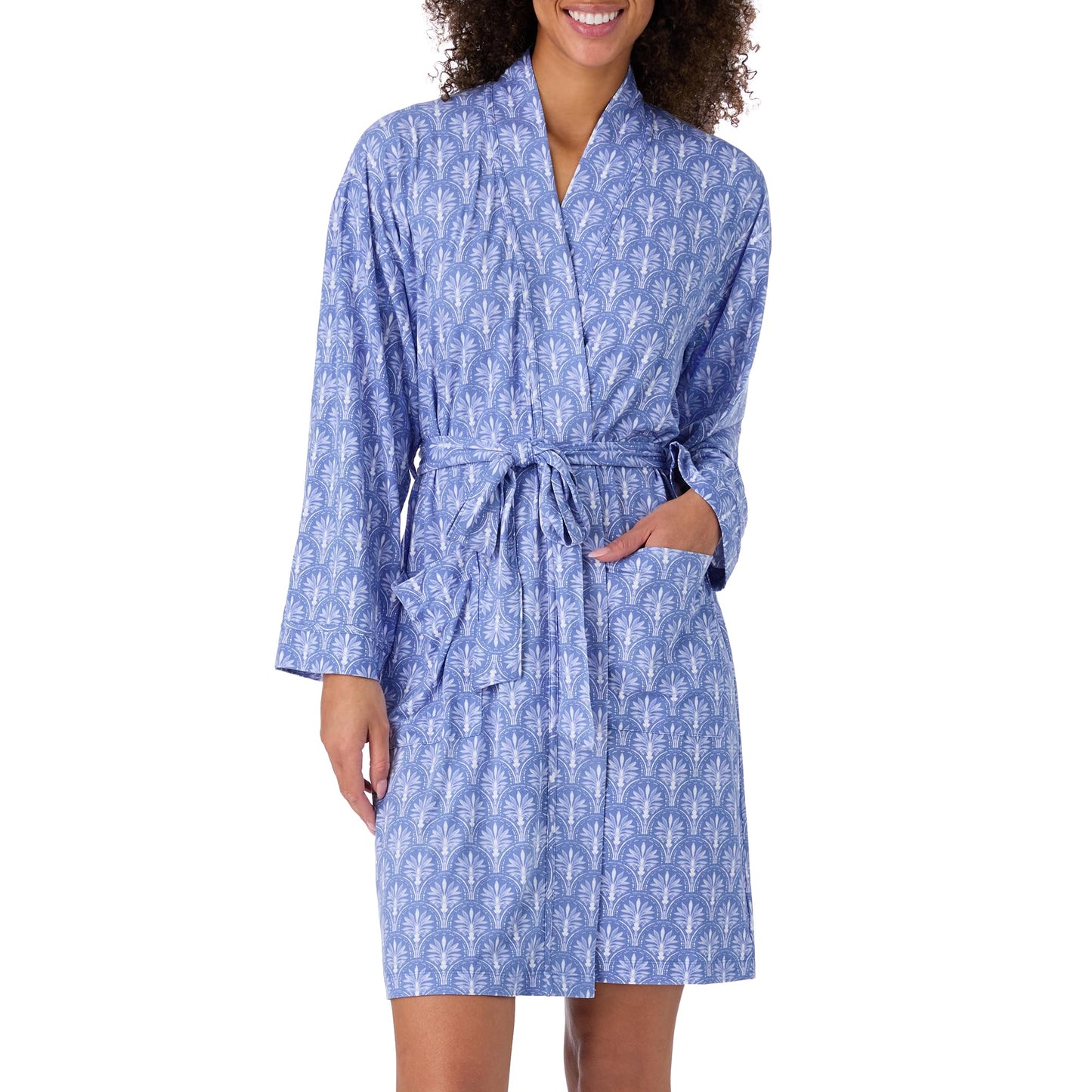 Tommy Bahama - Women's Short Wrap Robe, Long Sleeve Stretch Jersey Kimono with Pockets for Sleep or Lounge (Blue Floral Medallion, Small/Medium)