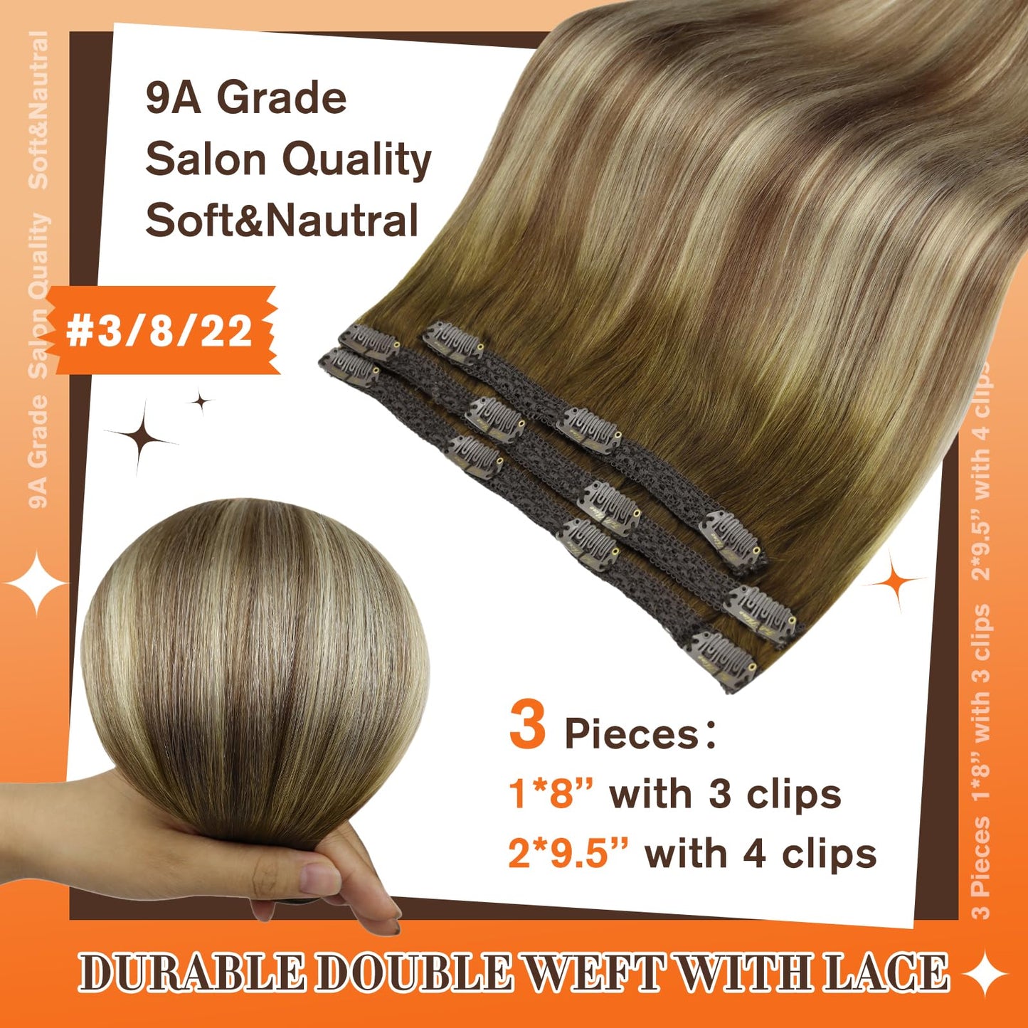Full Shine Ombre Hair Extensions Clip in Human Hair, Dark Brown Roots Ash Brown Mix Medium Blonde Lace Weft for Layered Hair Enhancement, 16 Inch 3 Pcs 60g