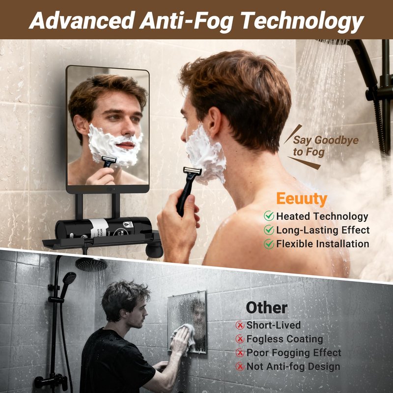 Heated Shower Mirror Fogless for Shaving，Fog Free Shaving Mirror for Shower with Razor Holder，360°Roating Shaving Mirror for Shower Fogless，5000mAh Long-Lasting Anti Fog Shower Mirror (Dark Brown）