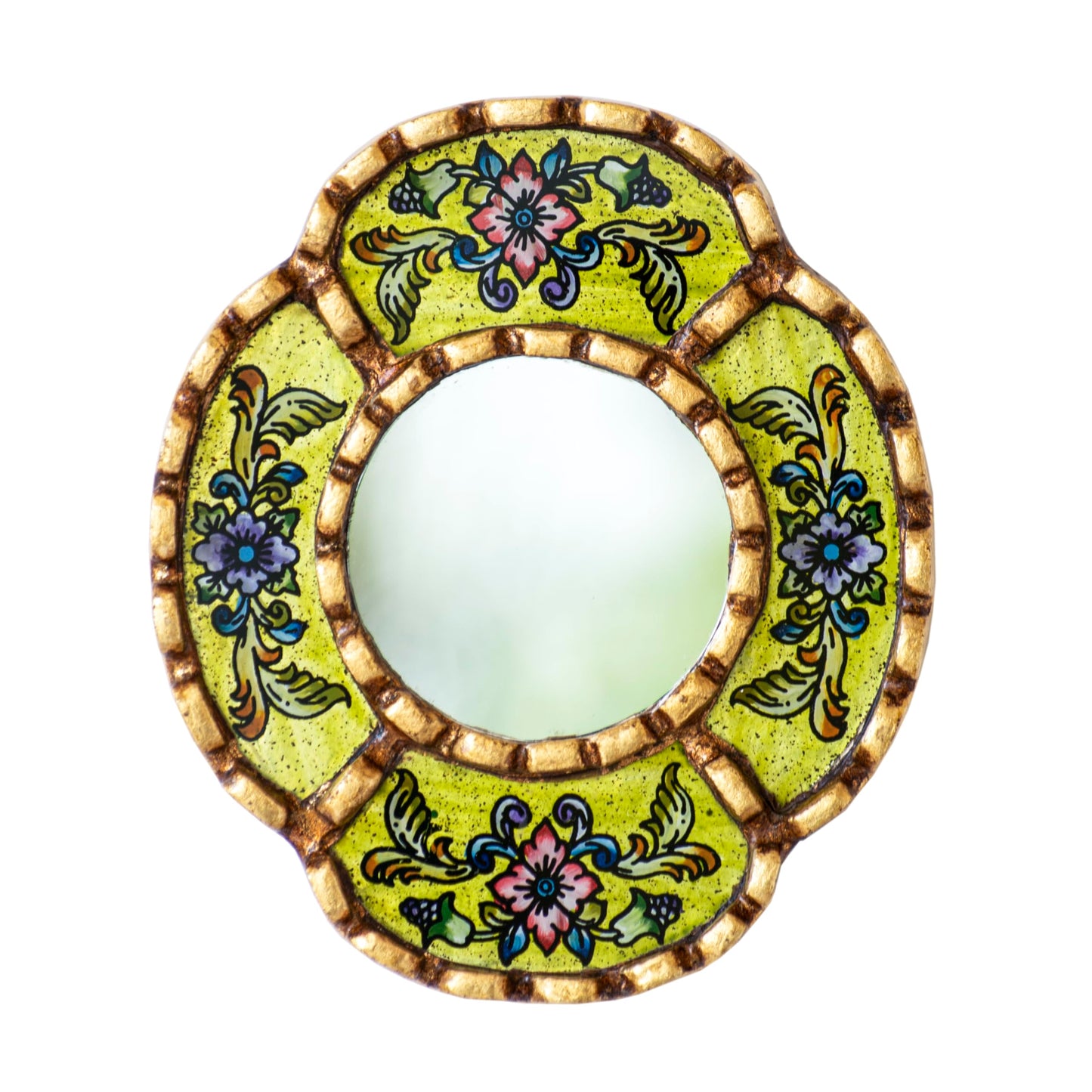DecorContreras Small Oval Wall Mirror for Home Decor - Handmade Reverse Painted Glass Mirror with Frame Bronze Leaf from Peru