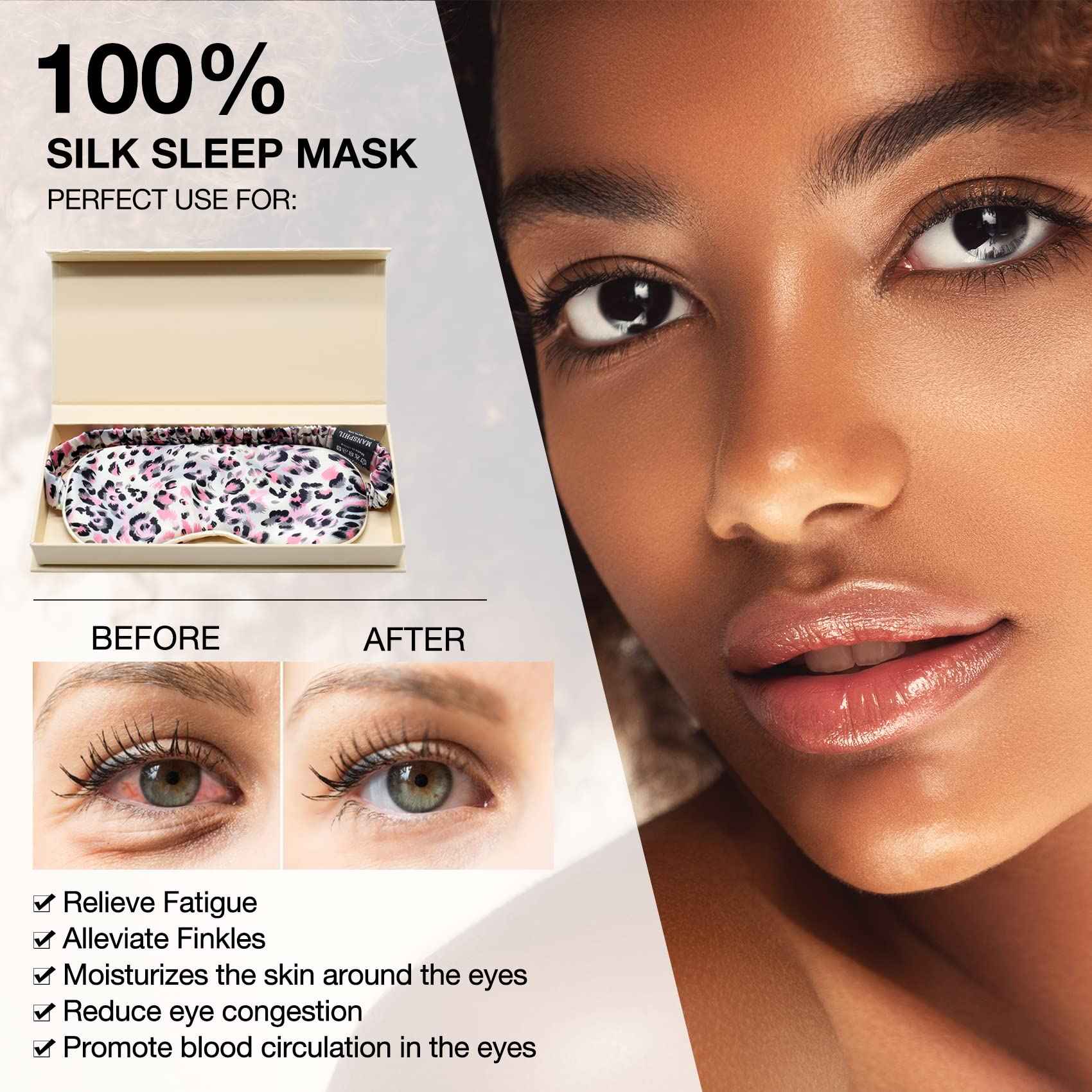 MANSPHIL Mulberry Silk Eye Sleeping Mask, Leopard Pink Print Pattern, 22 Momme 100% Silk Filled Sleep Mask for Travel, Nap - Gift Box