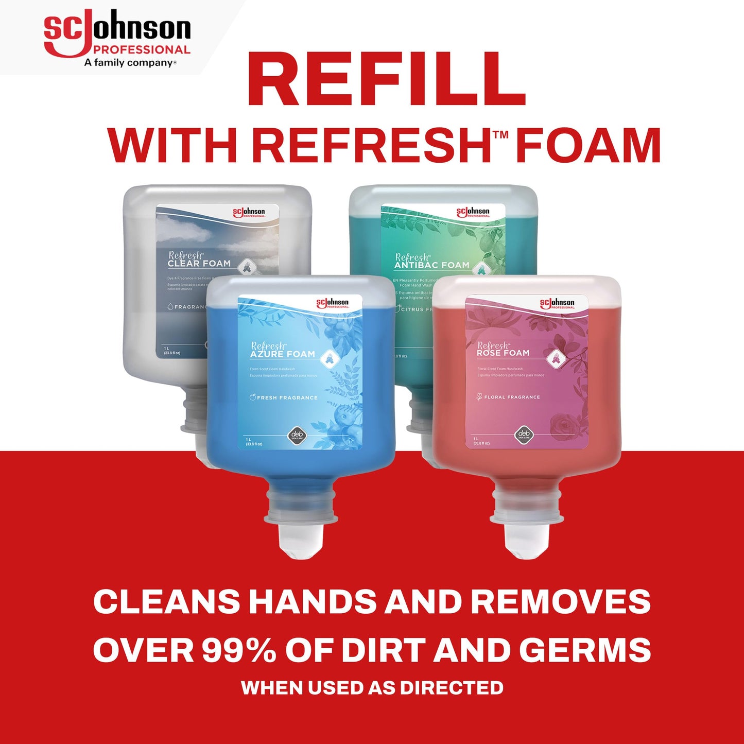 SC Johnson Professional Refresh Azure FOAM, Foam Hand Wash, Foaming Hand Soap, 1 Liter Cartridge, 2 Count, for Professional Use Only