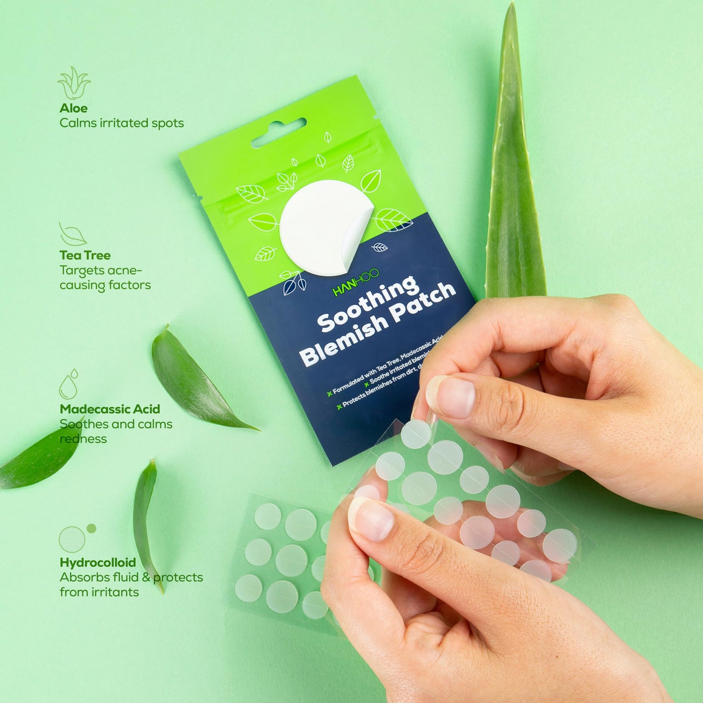 HANHOO Soothing Blemish Patch with Aloe, Madecassic Acid, and Tea Tree Extract - Hydrocolloid Spot Treatment - Calms Pre-stage, Irritated, and Popped Blemishes 108 count