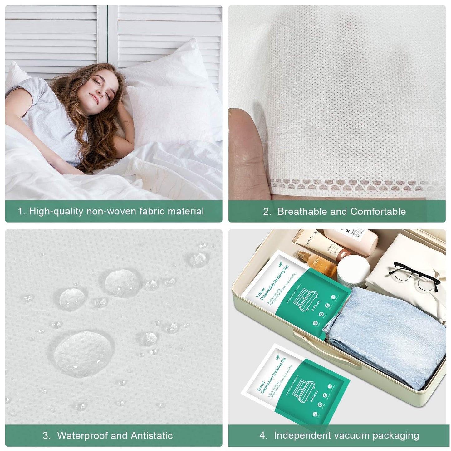 Breenhill 4 Pack Disposable Bed Sheets - Queen Size with Quilt Cover and Pillowcase, Travel Essentials for Hotel, Cruise