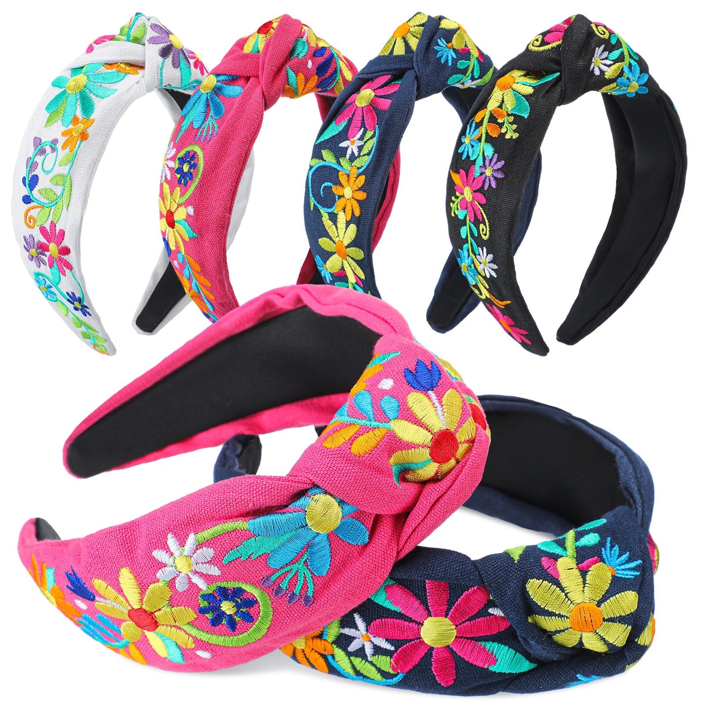 Hoteam 4 Pcs Mexican Embroidery Headband for Women Cinco De Mayo Embroidery Flower Stripe Knotted Wide Headband for Girls Party Gifts Outfit, Day of the Dead, Mexican Independence Day(Flower)