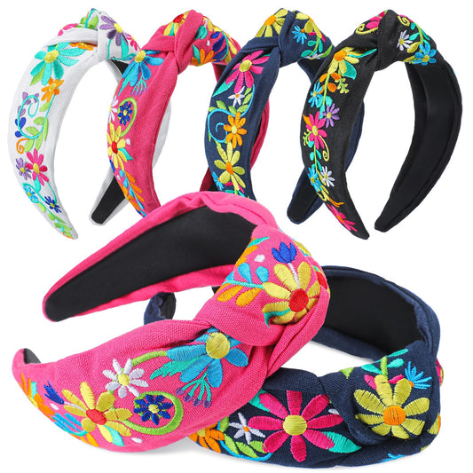 Hoteam 4 Pcs Mexican Embroidery Headband for Women Cinco De Mayo Embroidery Flower Stripe Knotted Wide Headband for Girls Party Gifts Outfit, Day of the Dead, Mexican Independence Day(Flower)