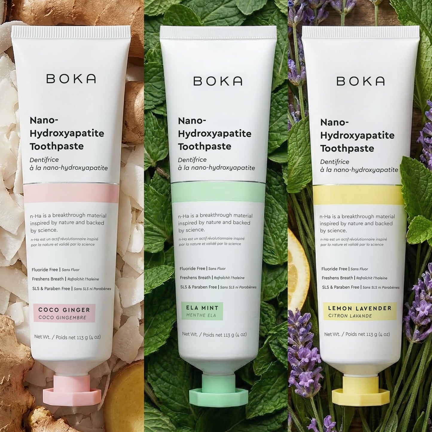 Boka Fluoride Free Toothpaste, Nano Hydroxyapatite Toothpaste, Appropriate for Sensitive Teeth - for Adult Oral Care - Ela Mint, Coco Ginger, Lemon Lavender Flavor, 4 Fl Oz 3Pk