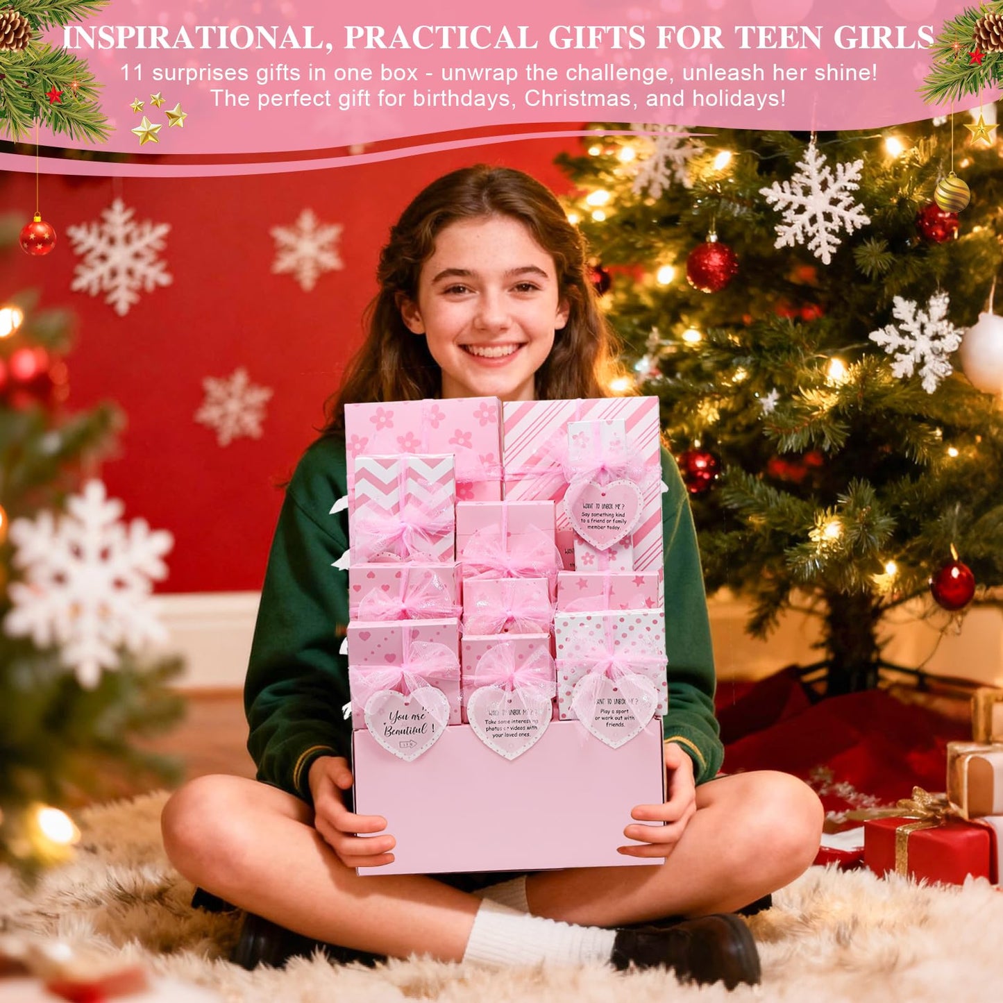 Joyliss Easter Gifts for Tween & Teen Girls, 11PCS Birthday Gifts Basket Teen Girls Gifts Trendy Stuff with Empowering Challenges & Makeup Brushes & Bag, Positive Wrapped Gift Box for Daughter Niece