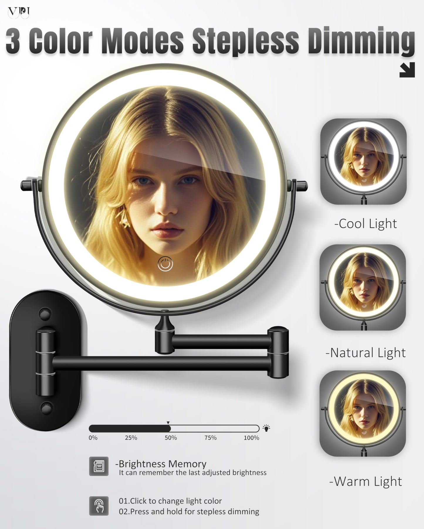 Wall Mounted Makeup Mirror with Light, 30X/1X 8'' Double Sided LED Magnifying Bathroom Lighted Vanity Mirror with Magnification, 3 Color Light up Touch Dimmable Extended Arm 360 Rotation