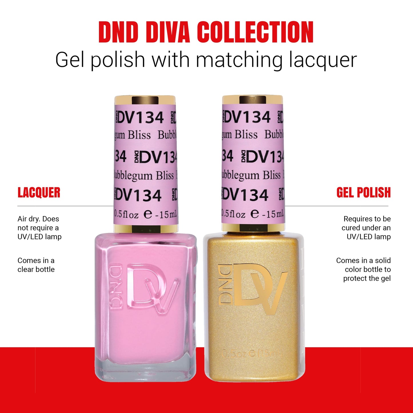 DND Diva Gel Polish Set, Soda Poppin Collection, UV/LED Gel Polish and Air Dry Nail Lacquer, Matching Chip-Free Polish Duo, 134 Bubblegum Bliss, 0.5 Fl Oz