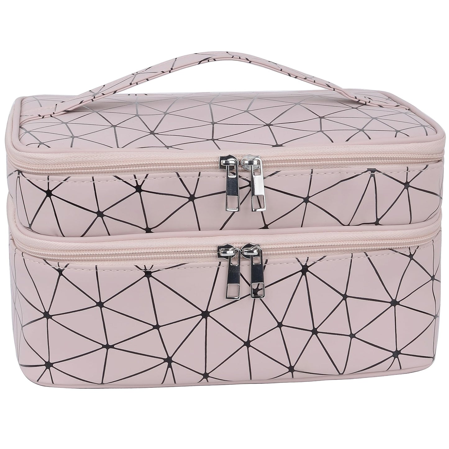 MKPCW makeup bag large Double-layer cosmetic bag with brush bag and divider (Pink+ three dividers)