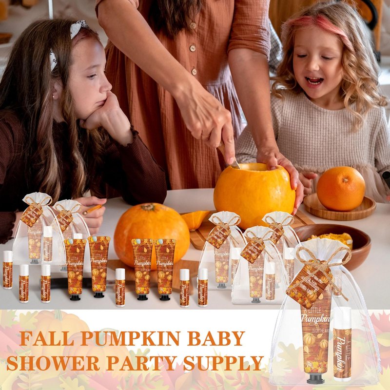 Swiffen 48 Sets 192 Pcs Thanksgiving Pumpkin Hand Cream and Lip Balm Fall Party Favors Gifts for Guests Pumpkin Bridal Baby Shower Wedding Party Favor with Thank You Card Organza Bags Travel Size