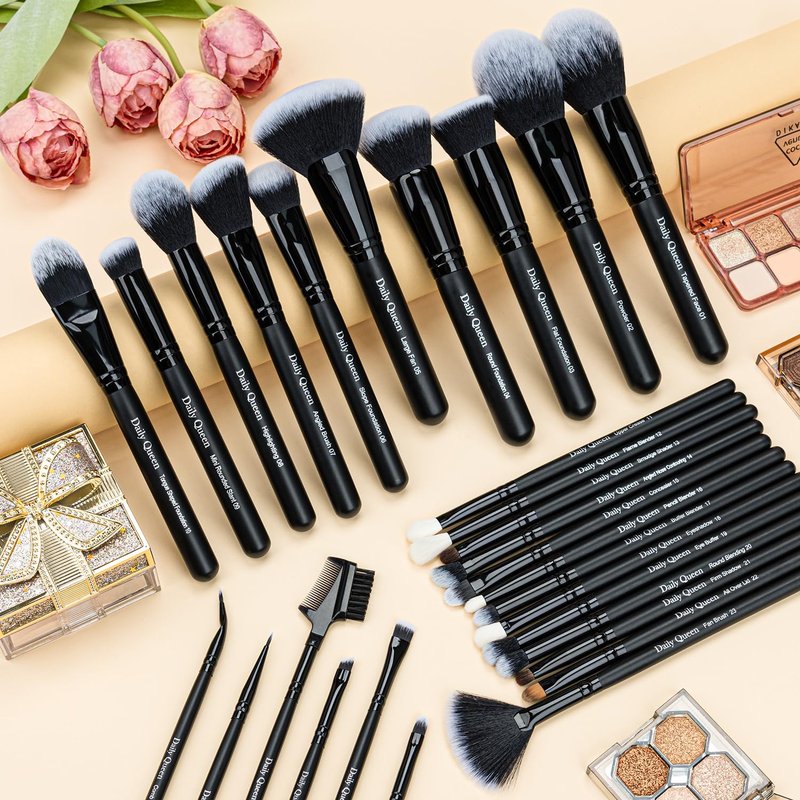 Daily Queen 29pcs Black Professional Makeup Brush Set Kabuki Powder Concealers Eye shadows Blush Eyeliner Eyebrow Contour Eye blending Brushes (29pcs brush +barrel+brush cleaner+face cleaner)