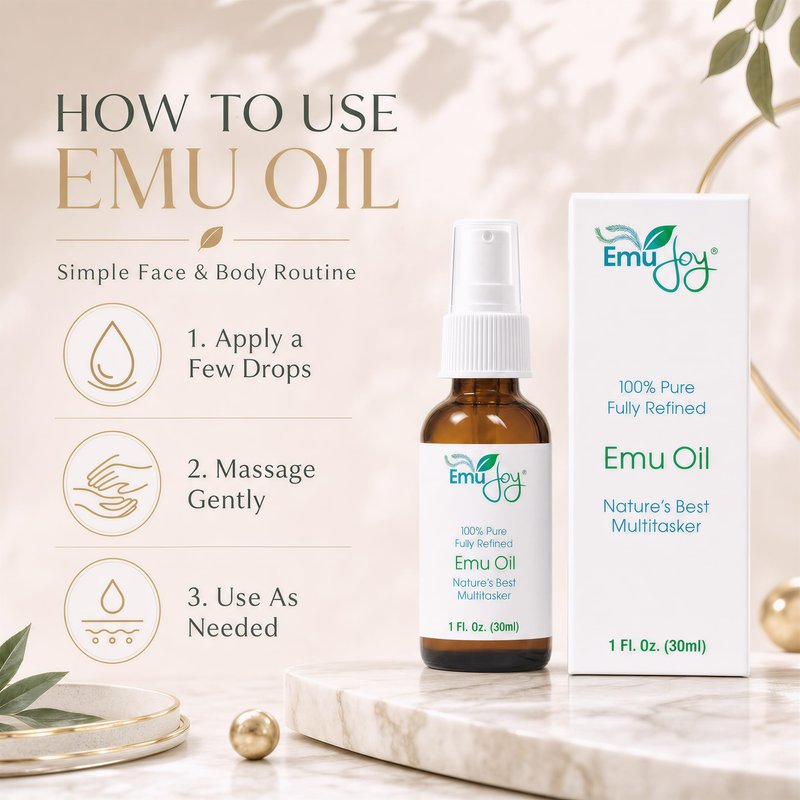 Emu Joy Emu Oil - Pure, Fully Refined Emu Oil for Skin & Body - Fast Absorbing, Non Greasy Conditioning Oil - Fragrance Free - Sensitive, Eczema & Psoriasis Prone Skin - 1 fl oz