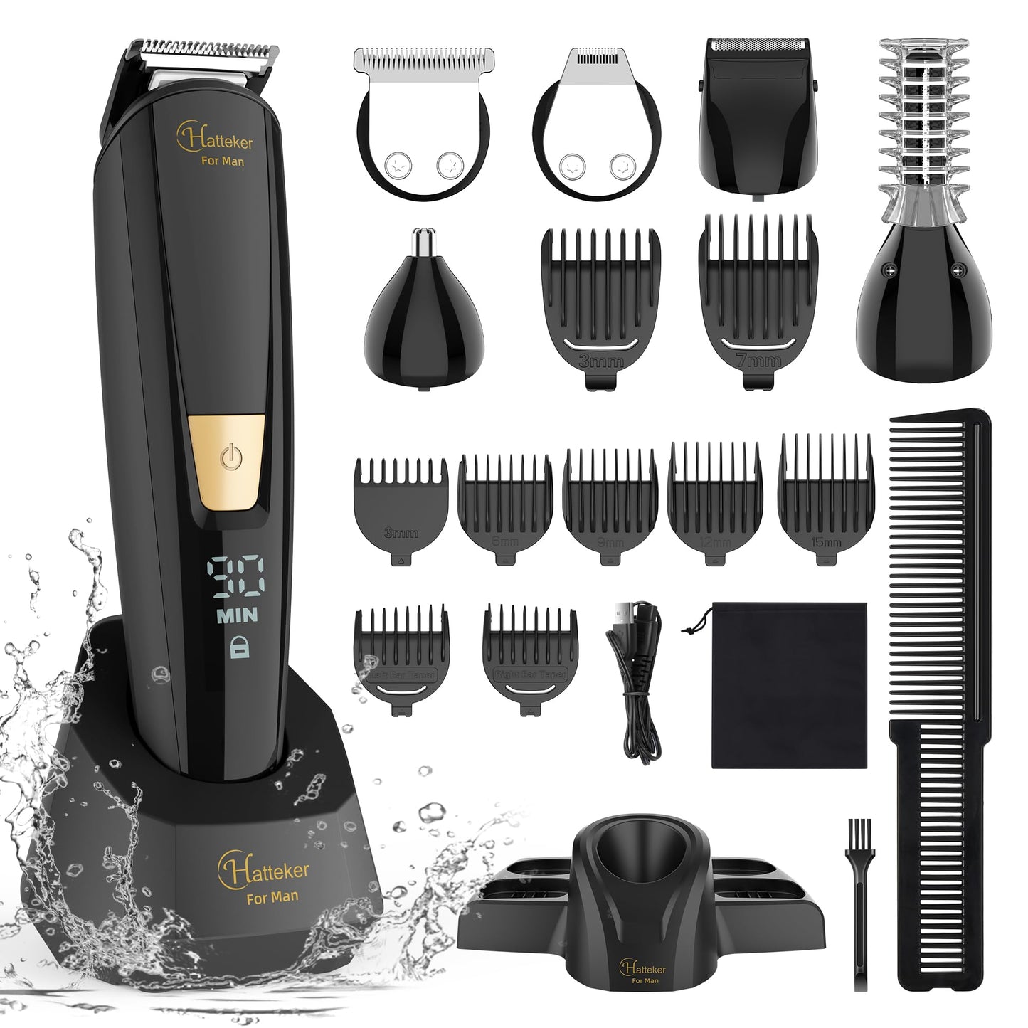 Hatteker Beard Trimmer for Men Mustache Trimmer T-Blade Beard Grooming Kit Hair Clipper Electic Razor Shavers Cordless Waterproof Nose Body Trimmer 8 in 1 Adjustable Speed
