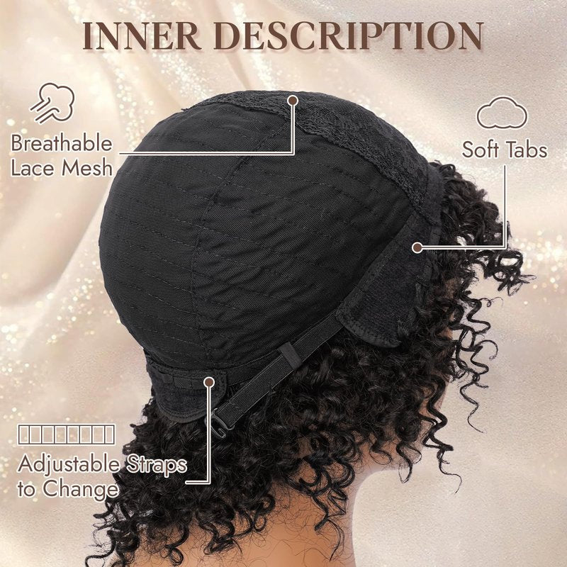 RUWISS Short Curly Human Hair Wig 10 Inch Brazilian Kinky Curly Wigs with Bangs for Black Women - Wear and Go Glueless Short Wig, ZF-003 Black Brown