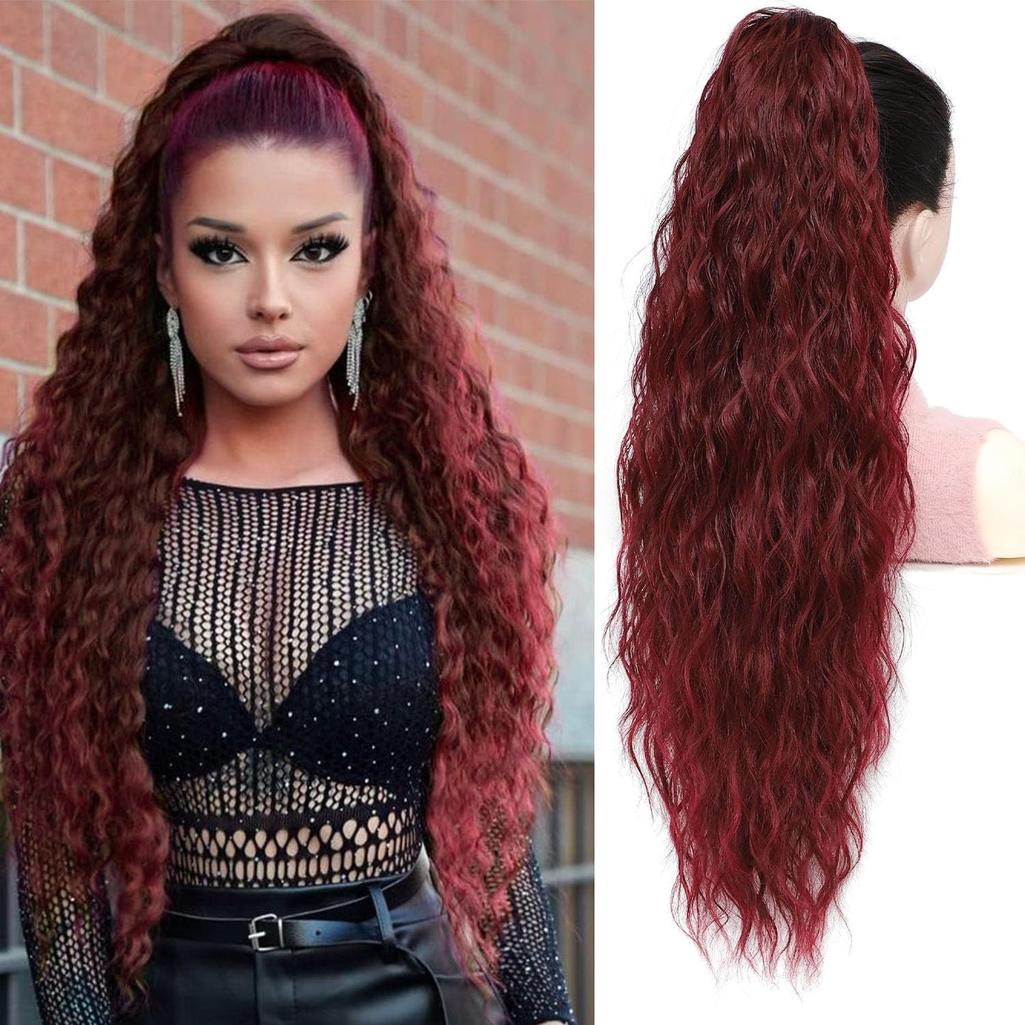 ISIGROSI Wine Red Wave Ponytail Extension Claw In - 28 Inch Long Curly Natural Wave Pony Tail Synthetic Clip in Hairpiece Ponytail Hair Extension for Women Daily Use