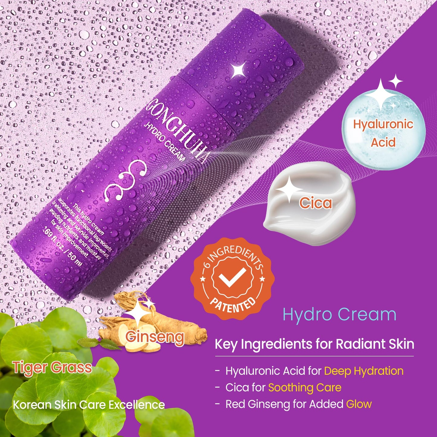 GONGHUHA Hydro Cream – Lightweight Ultra-Hydrating Face Moisturizer for Glowing Skin | 50ml (1.69 fl oz) with Hyaluronic Acid & Cica | Korean Skin Care