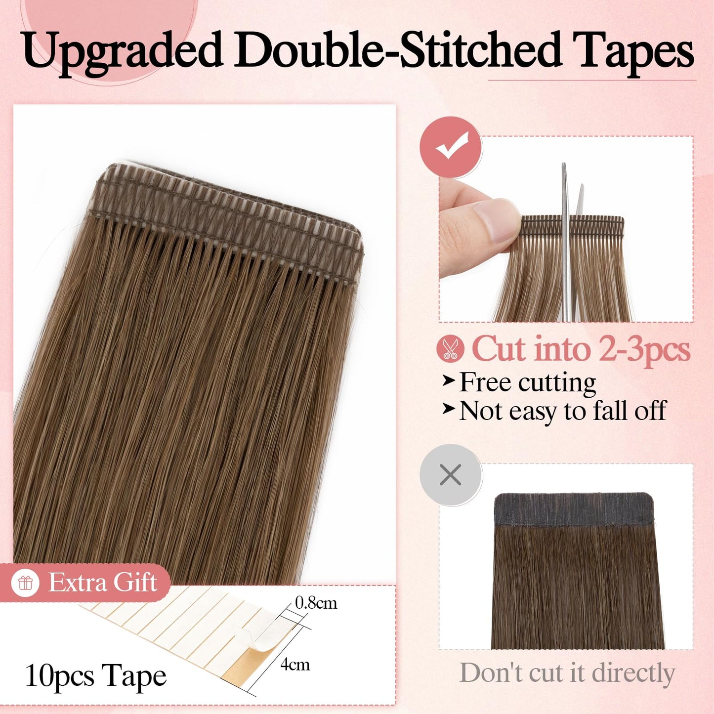 SEGO Double-Stitched Tape in Hair Extensions Human Hair Invisible Tape in Hair Extensions Long Straight Tape Hair Extensions for Women,18 inch,#6 Light Brown,10pcs 25g