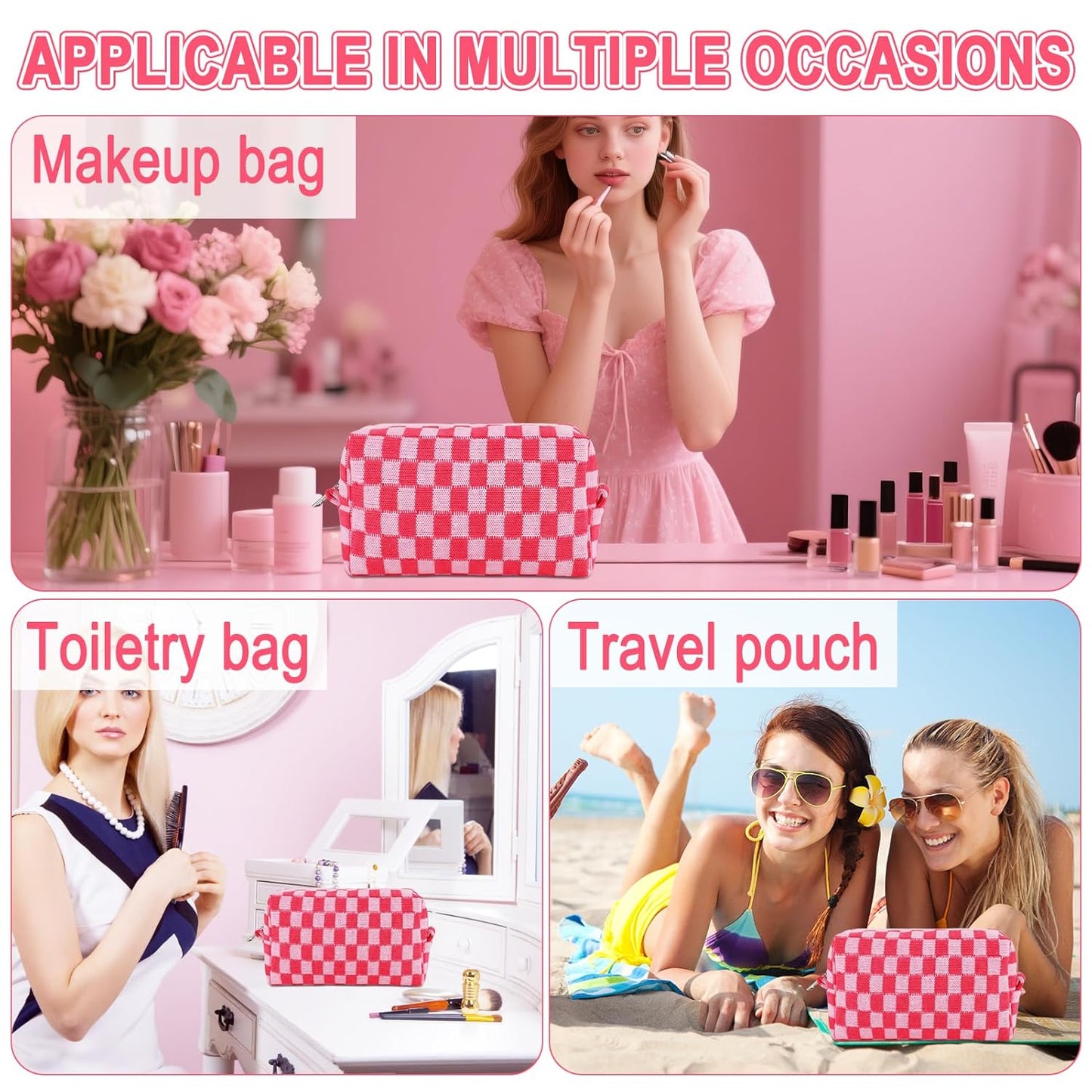 Checkered Pencil Case Set - Cute 6-Piece Pouch for Teens | Pink Medium Makeup & Travel Organizer