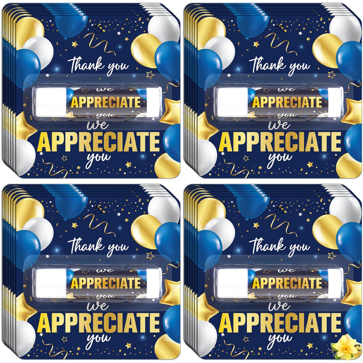 30 Pack Thank You Lip Balm Gifts Bulk, Blue Gold Graduation Lip Balm Gift, Appreciation Party Favor for Teacher Classmate Coworker Employee We Appreciate You Retirement Party Supplies