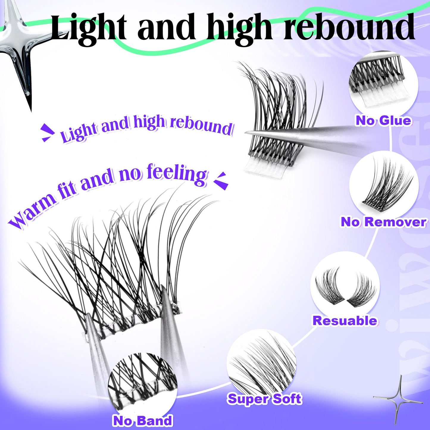 wiwoseo Self Adhesive Lashes Clear Band Lashes Clusters No Glue Needed Self Adhesive Lash Clusters Pre Glued Eyelash Clusters Press on Lashes Resuable Eyelash Extensions without Glue