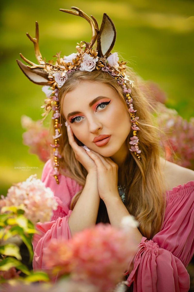 Handmade Gold Flower Antler Headband - Woodland Floral Reindeer Hairpiece for Women | Pink Rose Cosplay Accessory