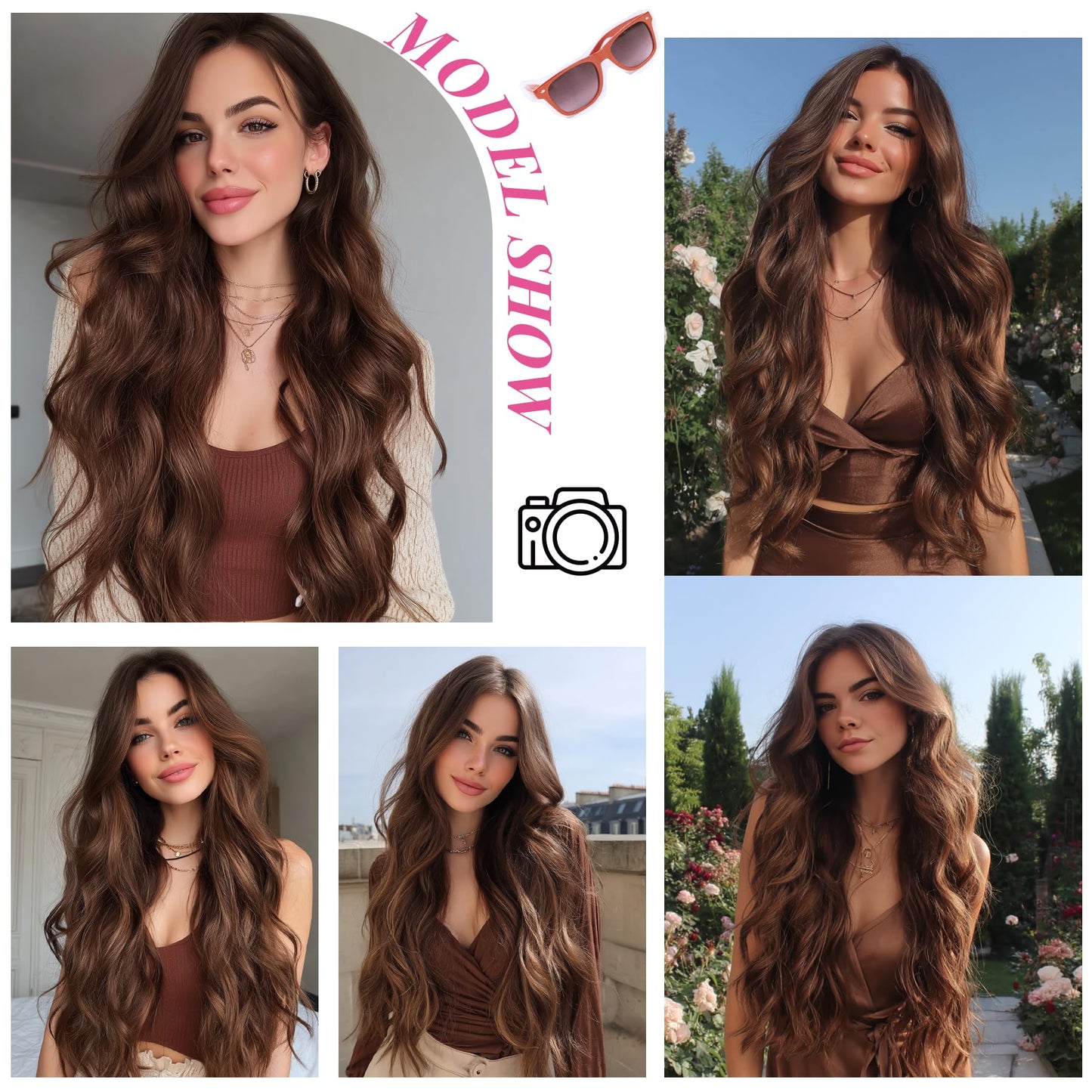 Ombre Brown Wigs for Women Long Wavy Wig Middle Part 26 Inch Ombre Wigs for White Women Brown Curly Wig Layered Brunette Wigs Synthetic Natural Looking Hair Replacement Wigs for Girls Daily Party Use