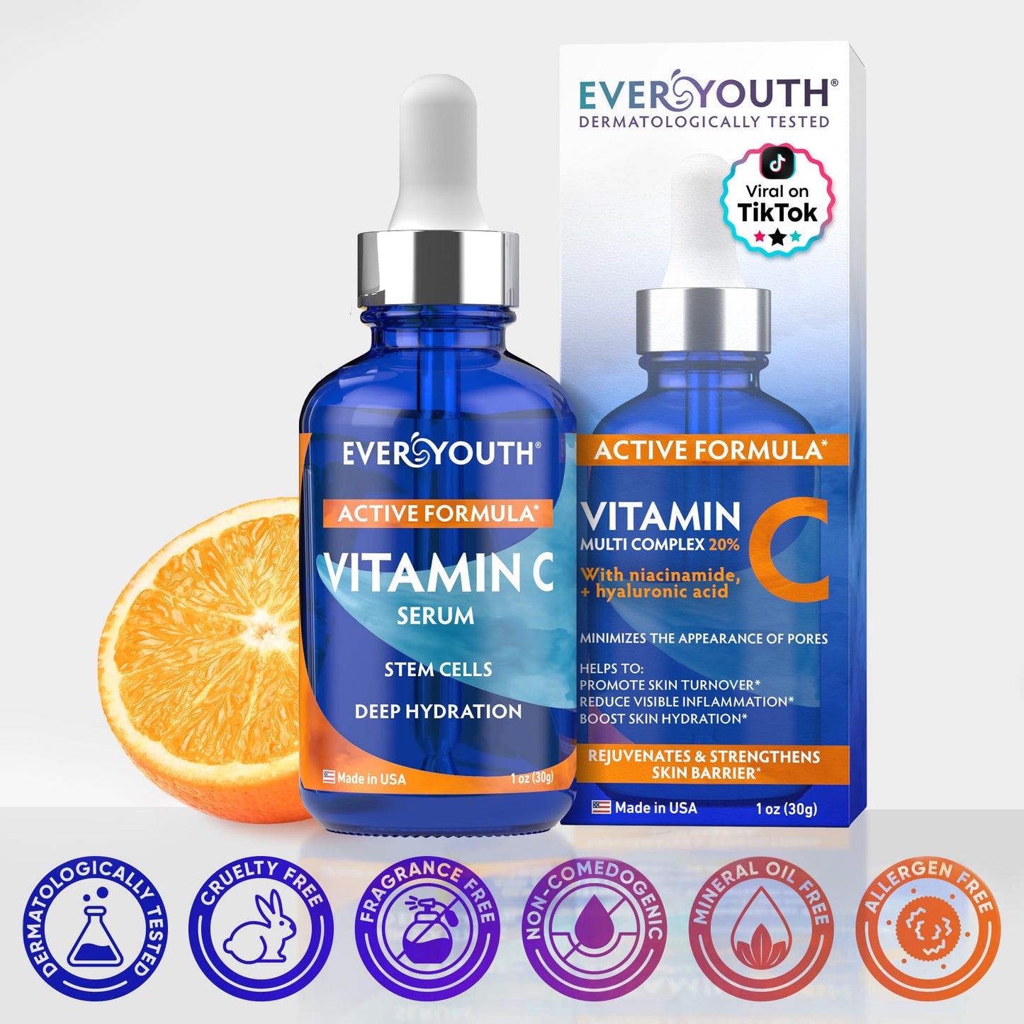Vitamin C Serum for Face, Stem Cells, Niacinamide, Hyaluronic Acid & Vitamin E - Anti-Aging Retinol Facial Serum with Glycolic Acid & Retinal for Brightening, Hydrating & Firming Skin - Made in USA