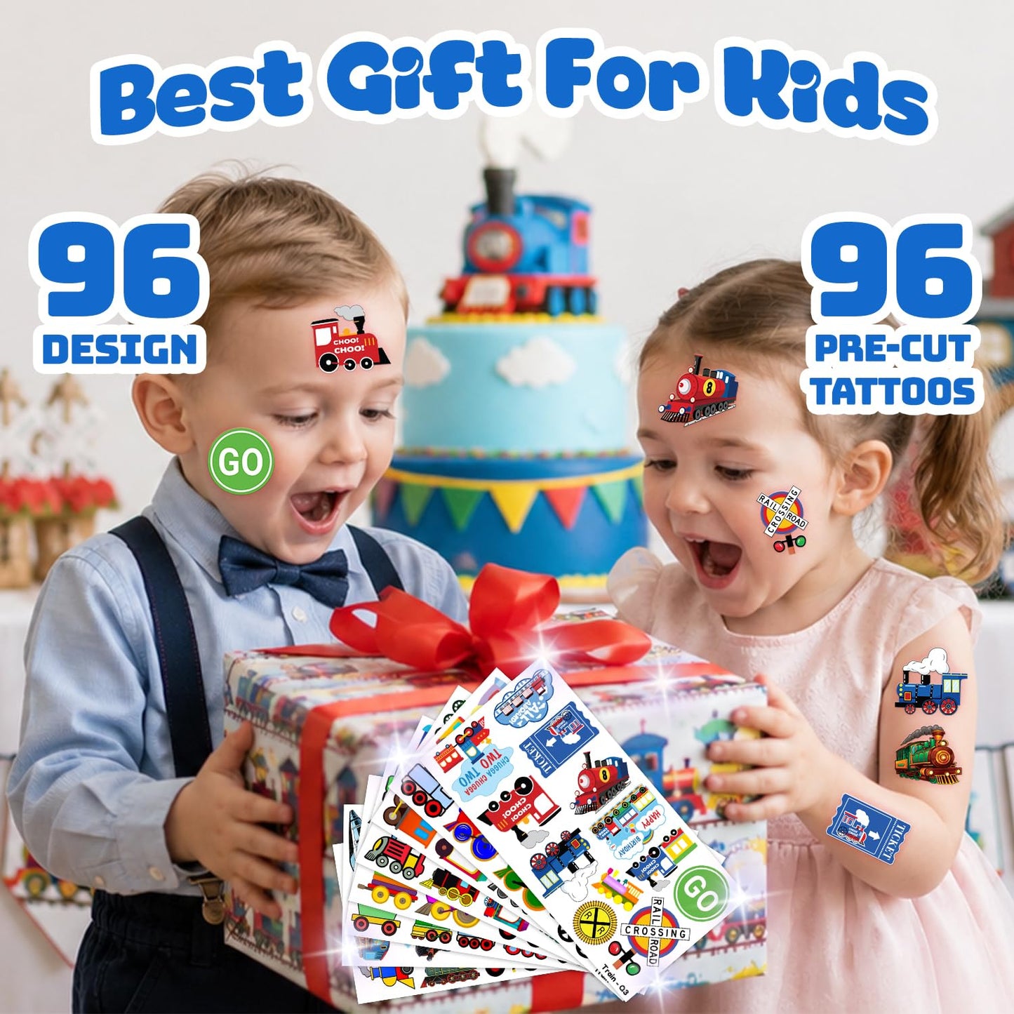 Train Temporary Tattoos for Kids - 8 Sheets 96 PCS Cute Railway Crossing Stickers, Birthday Party Favors, Supplies & Decorations for Boys and Girls