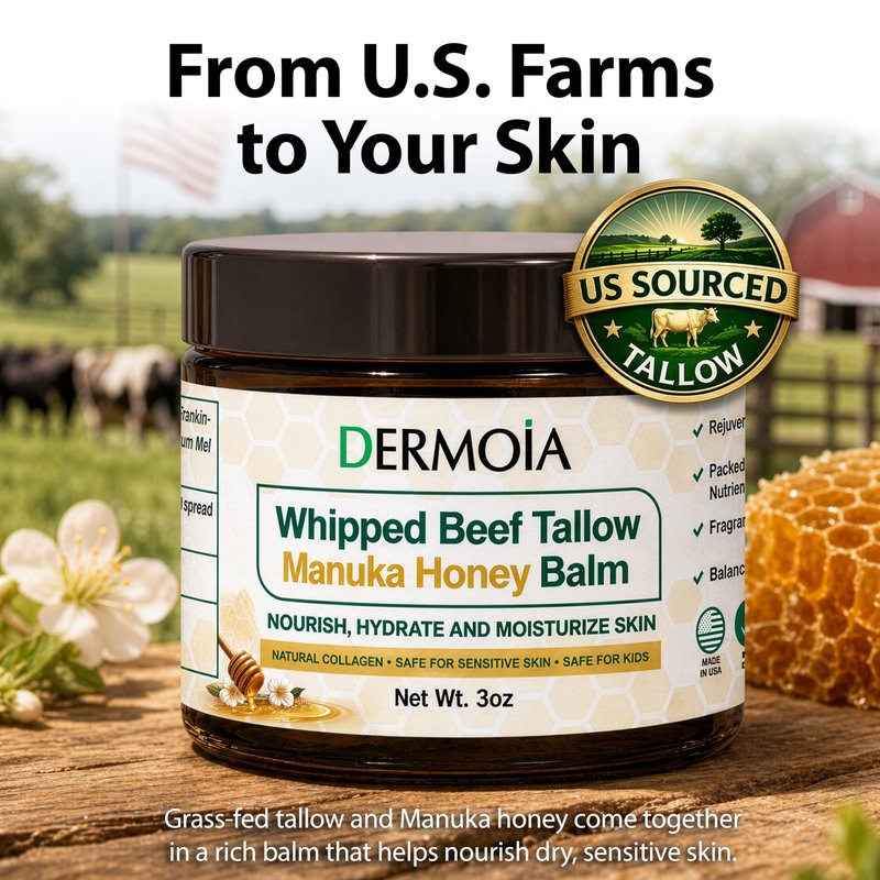 DERMOIA Grass Fed Whipped Beef Tallow for Skin with Manuka Honey - Silky Smooth, Fast Absorbing Tallow & Honey Balm - Ideal for Kids & Eczema Prone Area - Whipped Moisturizer for Dry & Sensitive Skin