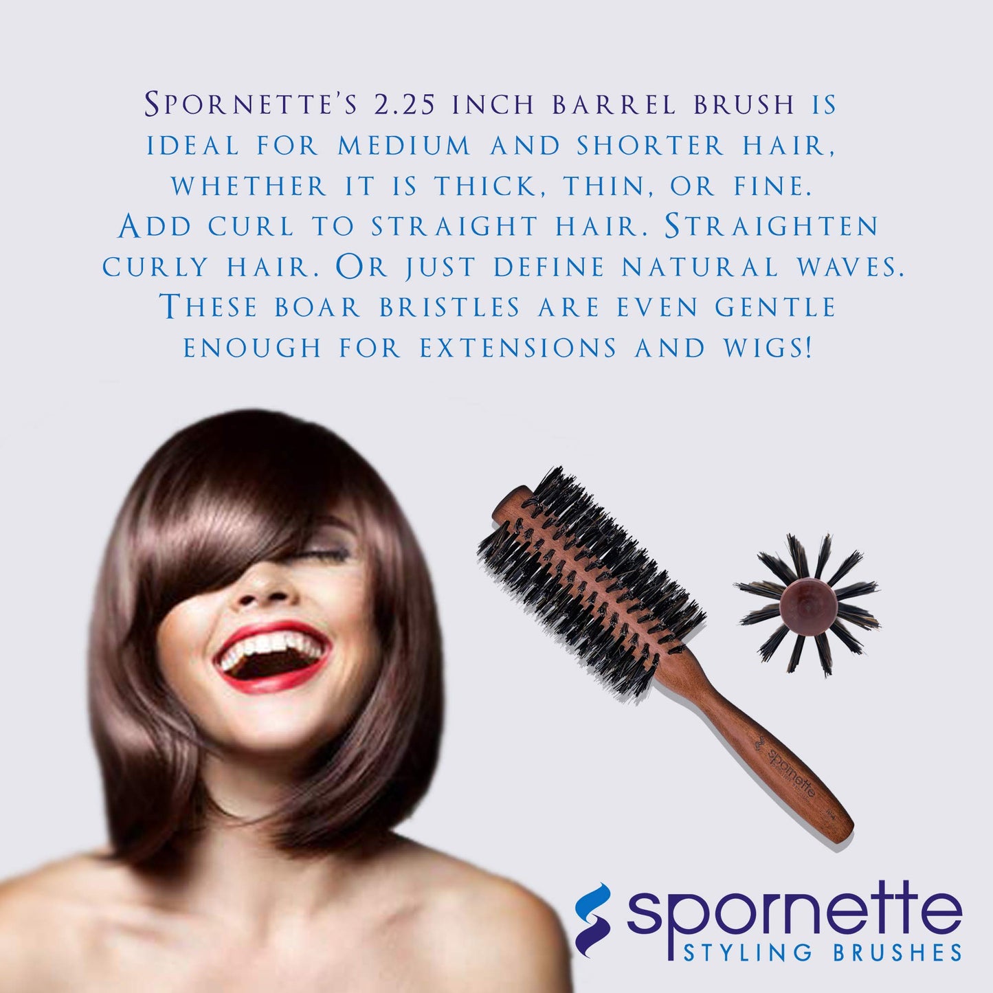 Spornette Italian Round Boar Bristle Brush - Large Round Brush for Blow Drying, Styling & Volumizing - Wooden Brush for Medium to Long Thick, Fine, Curly or Straight Hair (2.25 inch)