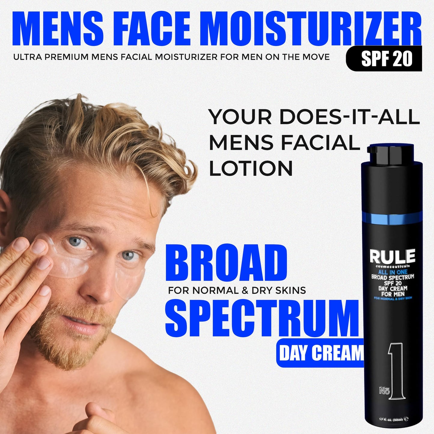 RULE COSMECEUTICALS No.1 Day Cream for Men, 10-in-1 Anti-Aging Face Moisturizer to Reduce Wrinkles & Dryness, SPF 20, Collagen, Vitamins B, C & E - Normal & Dry Skin - Original, 50 mL