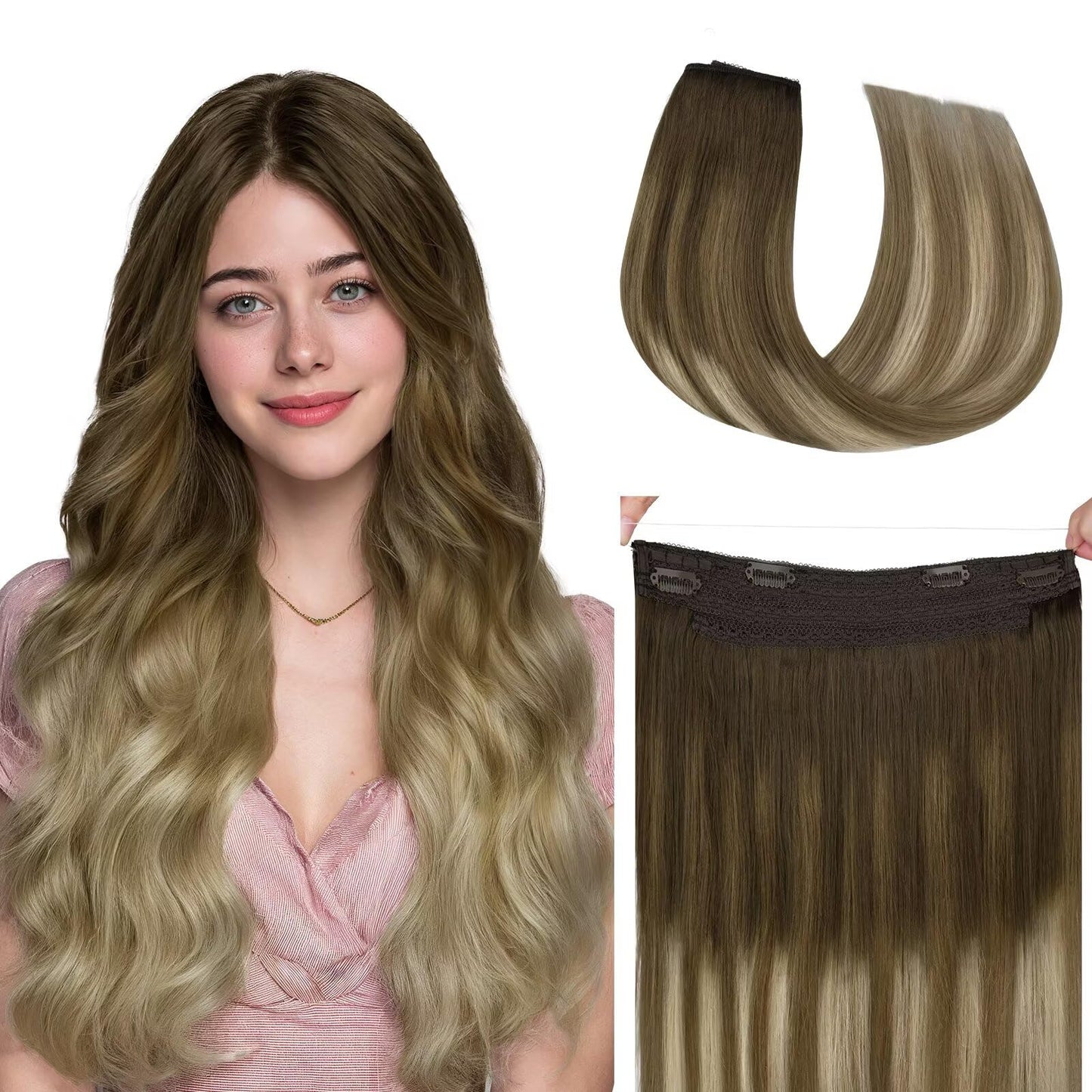 HOTBANANA Wire Hair Extensions, 12 inch 70g Walnut Brown to Ash Brown and Bleach Blonde Fish Line Extensions Remy Real Human Hair Straight Invisible Soft Skin Wire Weft Silky for Women