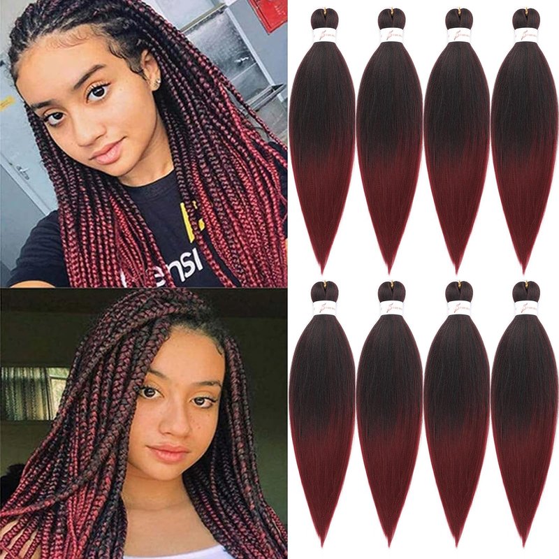 Ombre Burgundy Braiding Hair Pre stretched 8 Packs 18 Inch Kanekalon Yaki Texture Pre stretched Hair For Braiding Professional Synthetic Hair Extension Itch Free Hot Water Setting(18", T1B/900#)