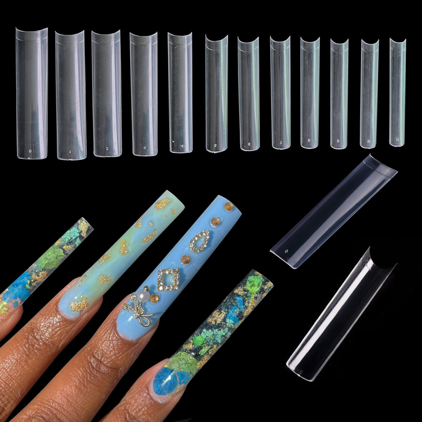 AddFavor 600pcs XXXL Clear Square Nail Tips Extra Long 3XL Half Cover Straight Square Fake Nails No C Curve Professional Acrylic False Nail Tips for Salons & Home DIY, 12 Sizes
