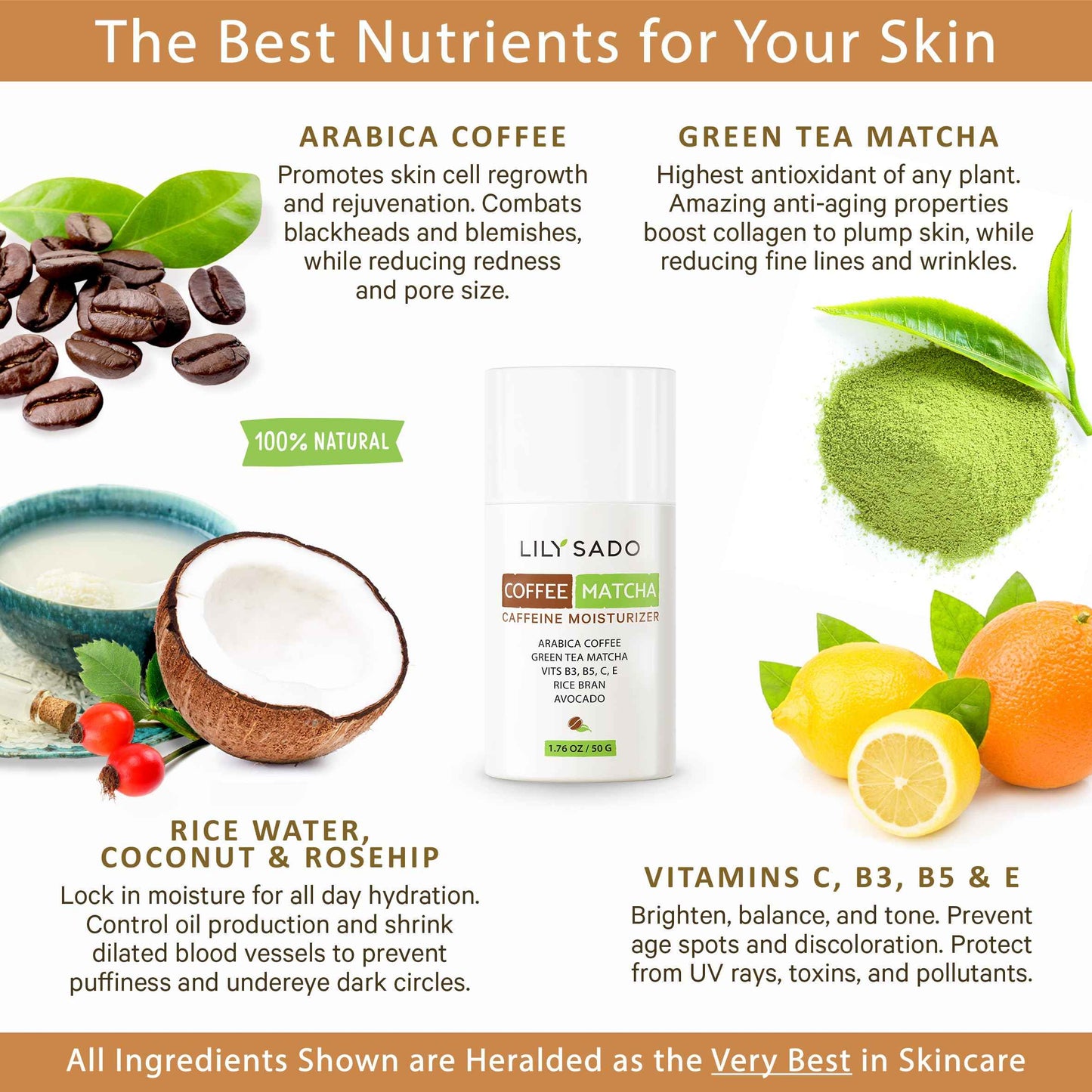 LILY SADO TEA+C™ Coffee & Matcha Face Moisturizer - Natural Vegan Caffeine Facial Cream w Green Tea & Arabica Coffee Beans - Best Antioxidant, Anti-Wrinkle Moisturizing Lotion - Softens & Firms