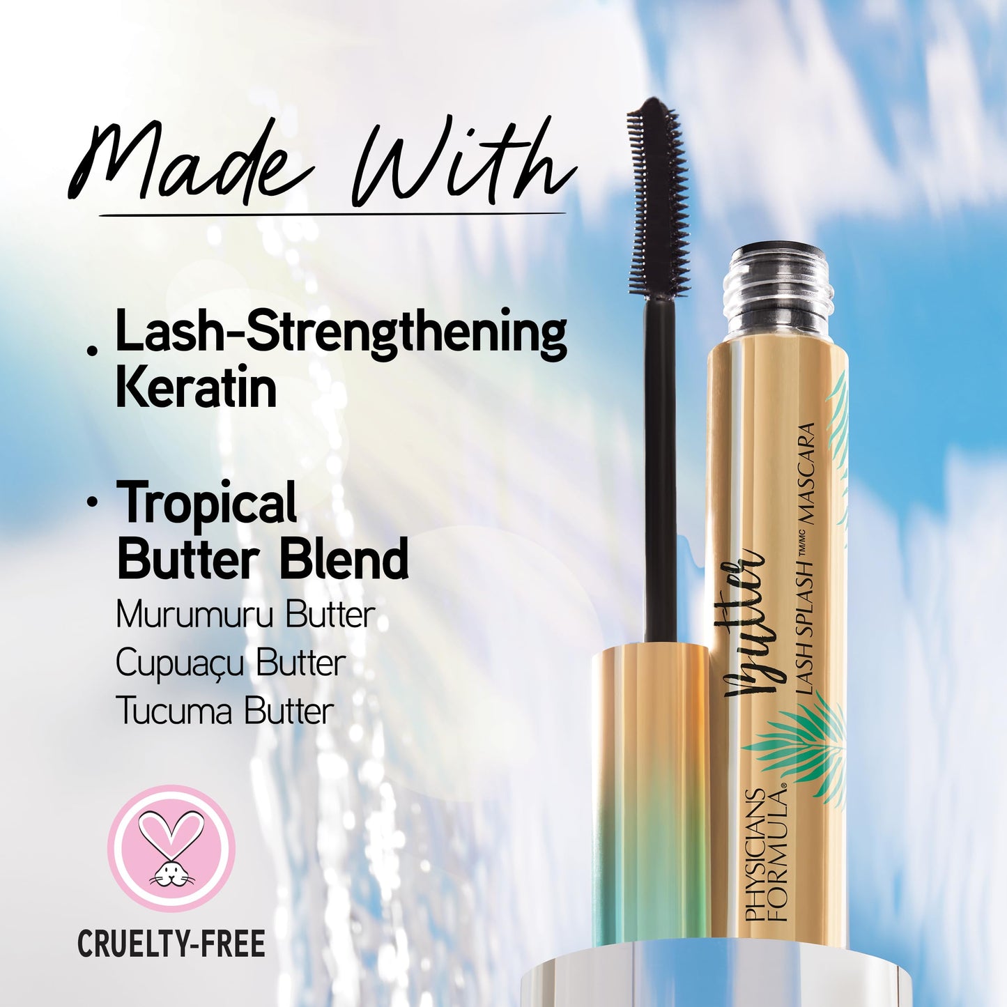 Physicians Formula Butter Lash Splash Waterproof Mascara, Buildable Formula with Murumuru Butter & Lash-Strengthening Keratin, Provides Full Volume, Lift, & Length, Cruelty-Free - Blackest Black