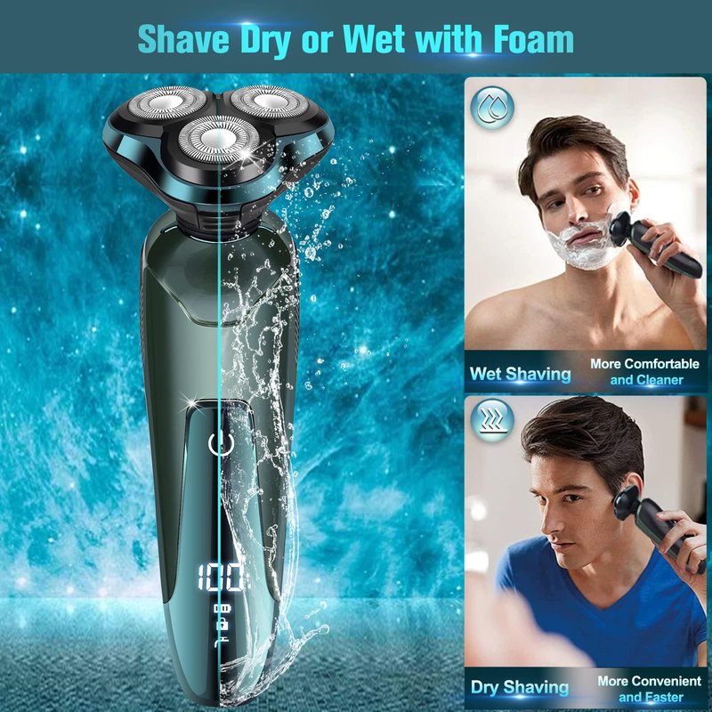Tuyaguard Electric Razor for Men, Cordless Rechargeable 3D Rotary Shaver with LED Display, Wet/Dry Waterproof Men’s Shaving Kit with Pop-Up Trimmer, Ideal Razor Gift for Husband, Dad, Boyfriend