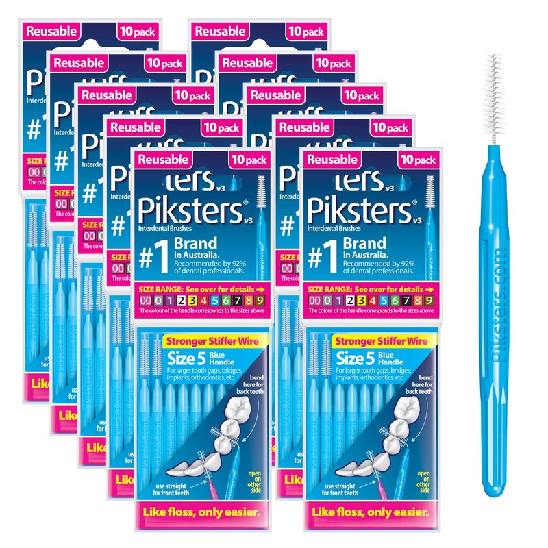 Piksters Interdental Brushes, Size 5, 100 Count (10 x 10 Packs), Interdental Tooth Brush for Large Gaps, Gum Soft Bristles for Plaque Removal, Safe for Braces (100 pk)