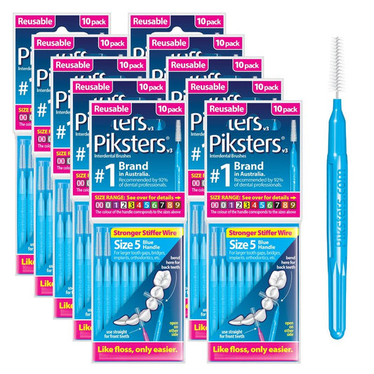 Piksters Interdental Brushes, Size 5, 100 Count (10 x 10 Packs), Interdental Tooth Brush for Large Gaps, Gum Soft Bristles for Plaque Removal, Safe for Braces (100 pk)