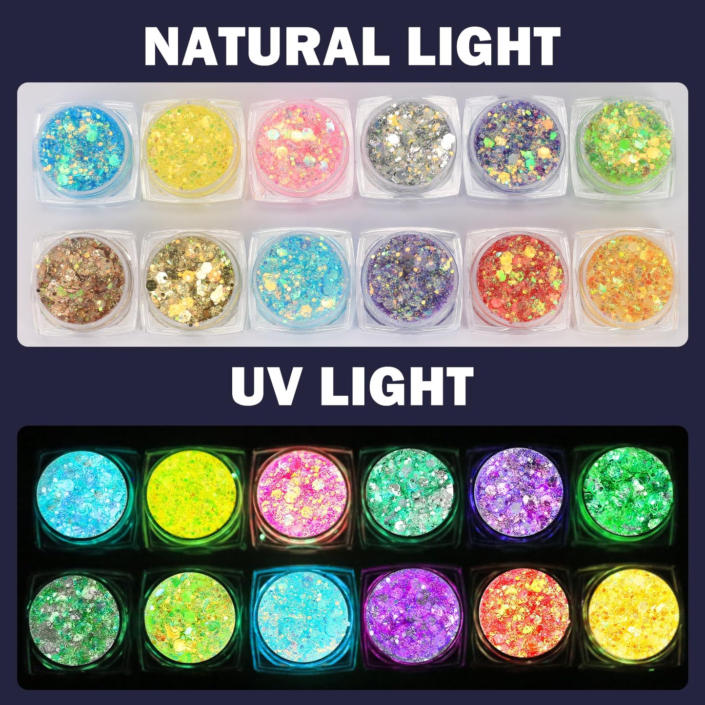 12 Colors Glow in The Dark Makeup UV Black Light Glitter Gel for Body Face Hair Eyeshadow for Raves Festivals Carnival Party