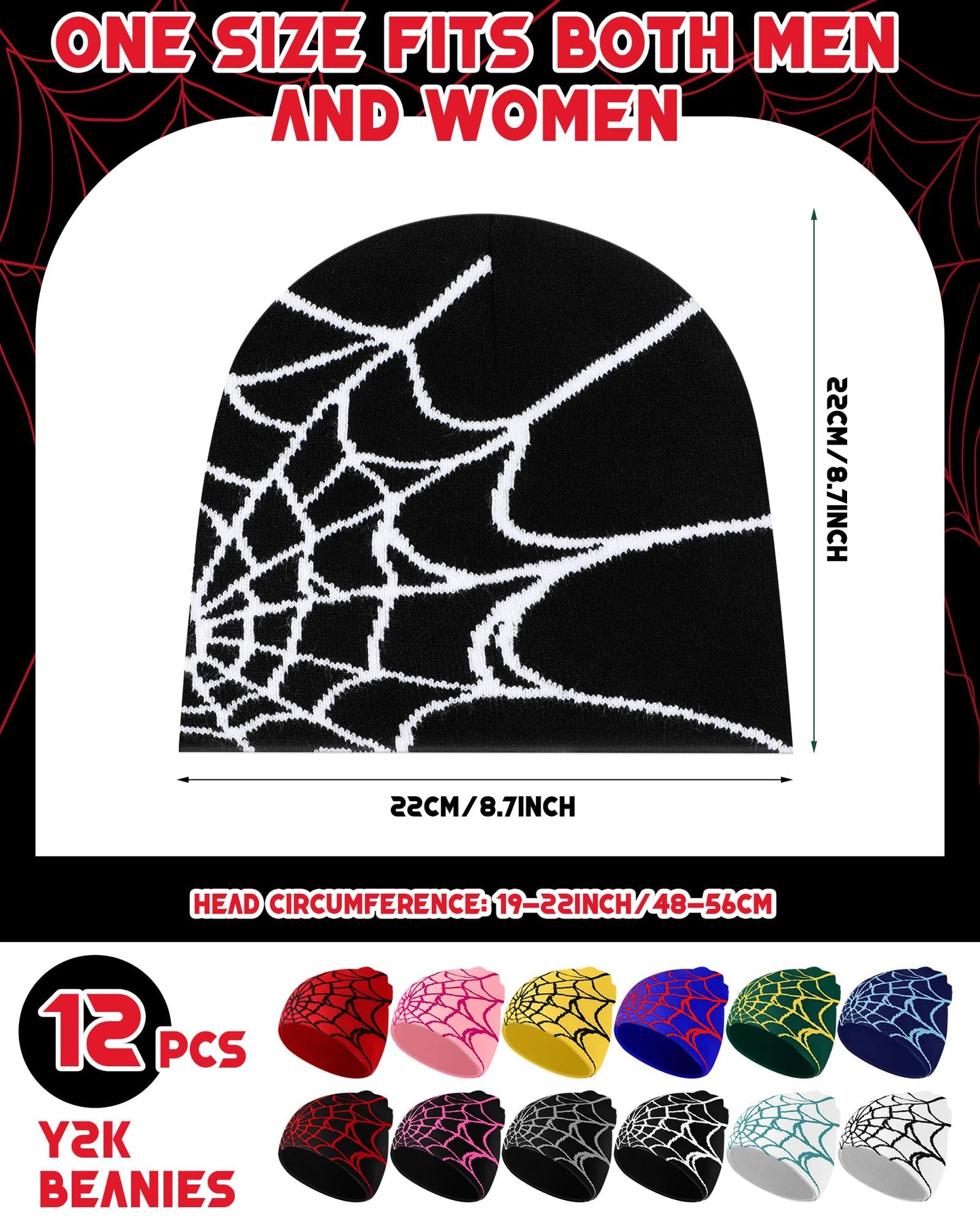 Toulite 12 Pieces Y2K Spider Web Beanie Gothic Graphic Beanies Outdoor Winter Warm Knitted Hat for Men Women(Multicolor,Classic)