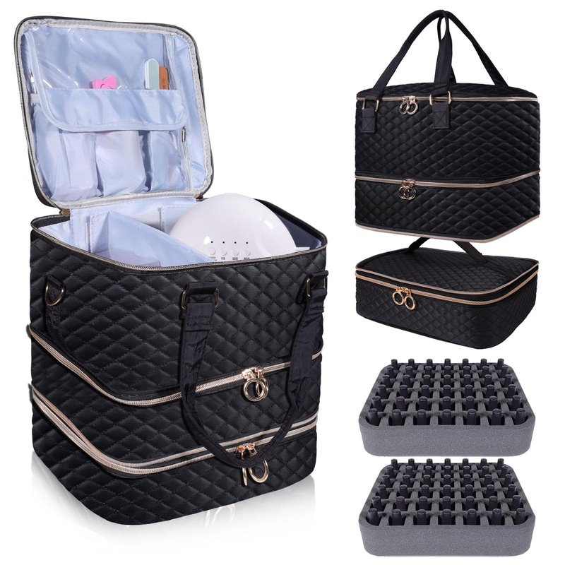 Nail Polish Organizer Case,3 Layers Nail Organizers and Storage With Detachable Holds 84 Bottles Nail Polish & Nail Lamp Large Nail Polish Organizer Bag ,for Manicure Tools, Nail Polish Kit (Black)