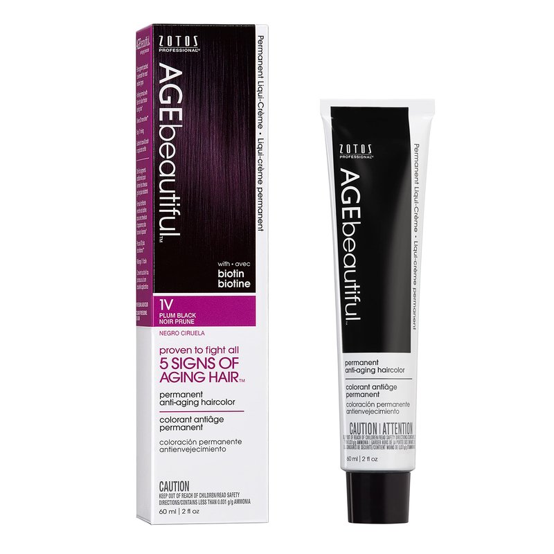 AGE beautiful Permanent Hair Dye 1V Plum Black - Cool Violet Black Hair Color Cream with 100% Gray Coverage, Anti-Aging Biotin Formula for Thicker, Fuller Hair, Professional Salon Quality