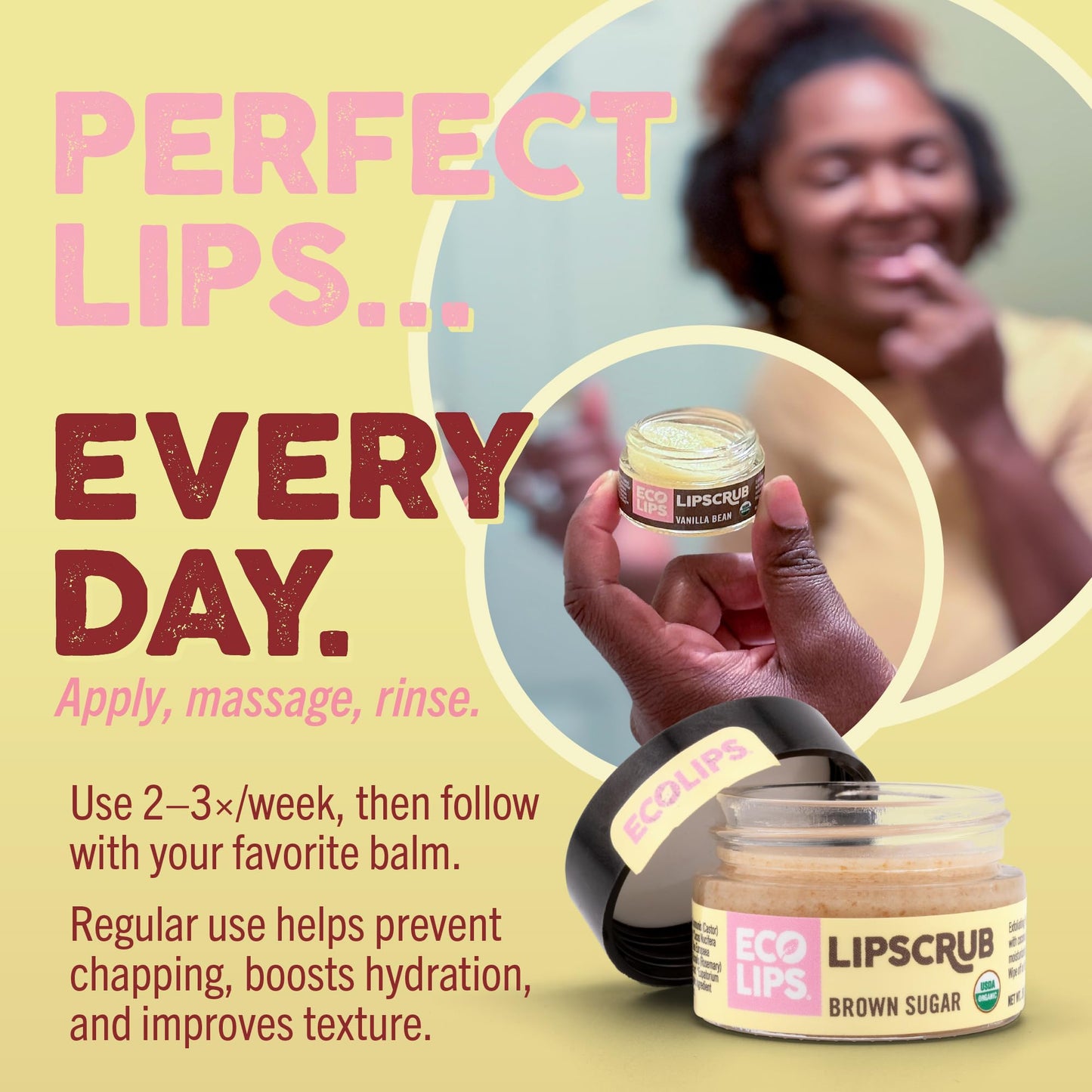 Eco Lips LIP SUGAR SCRUB 4 Pack (4-0.25oz jars) 100% Organic Lip Care Treatment with Organic Sugar & Coconut Oil - Gently Exfoliate & Polish Dry, Flaky Lips (Variety 4-Pack)