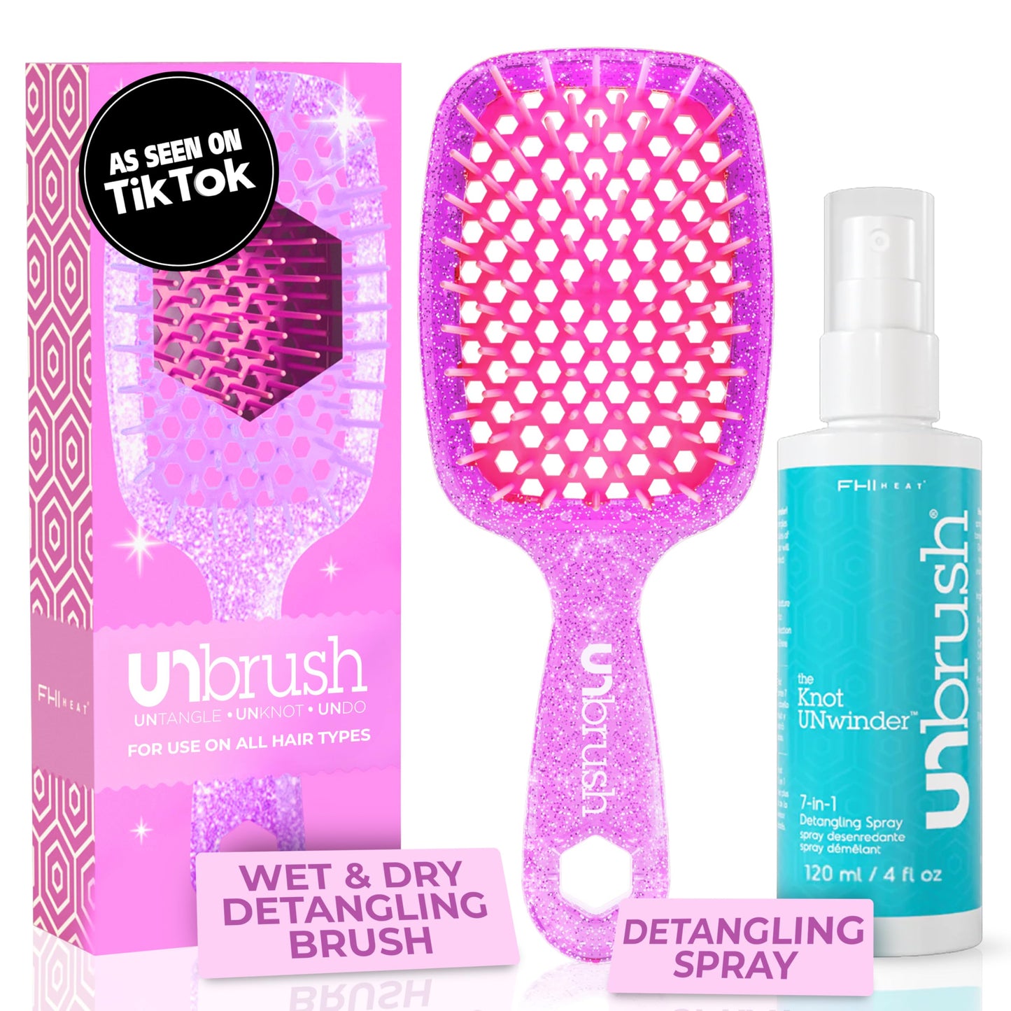 FHI Heat UNbrush Detangling Brush and UNwinder Detangling Spray Combo Pack - Tangle-Free Hair, Pain-Free Brushing, Anti-Static Bristles, Lightweight Hair Brush, Rose Quartz Pink