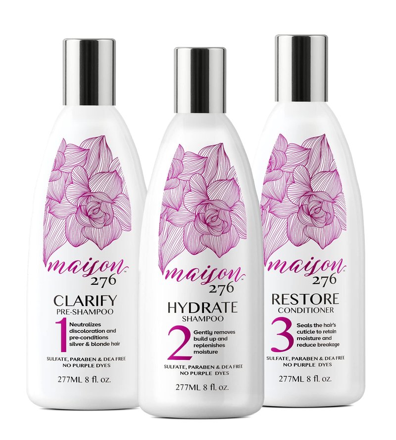 Maison 276 Pre-Shampoo, Shampoo and Conditioner for Silver, Gray & Blonde Hair, 3-Step System Tone-Brightening and Enhancement, NO Purple Dyes, Neutralizes Brassiness, Sulfate-Free, 3x 8 oz Btls