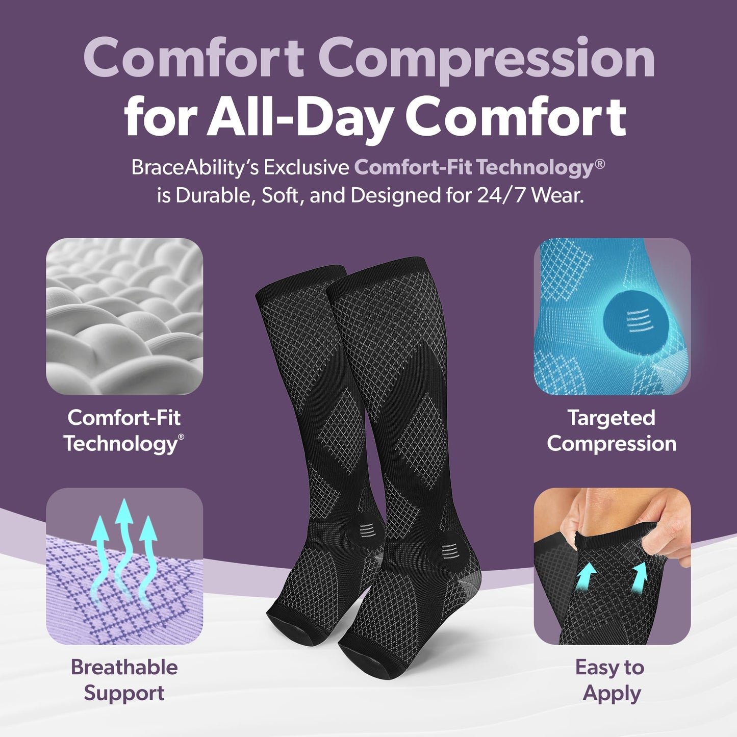 BraceAbility Compression Socks for Circulation - 20-30 mmHg Knee High Neuropathy Open Toe Stockings for Varicose Veins, Swelling, RLS, Medical Toeless Support for Men or Women - 1 Pair (M - Black)