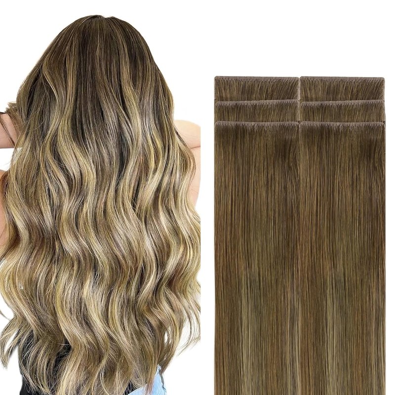 Invisi Edge Tape in Hair Extensions - 18" Balayage Walnut to Ash Blonde, 6pcs, Virgin Remy Hair, Seamless Design